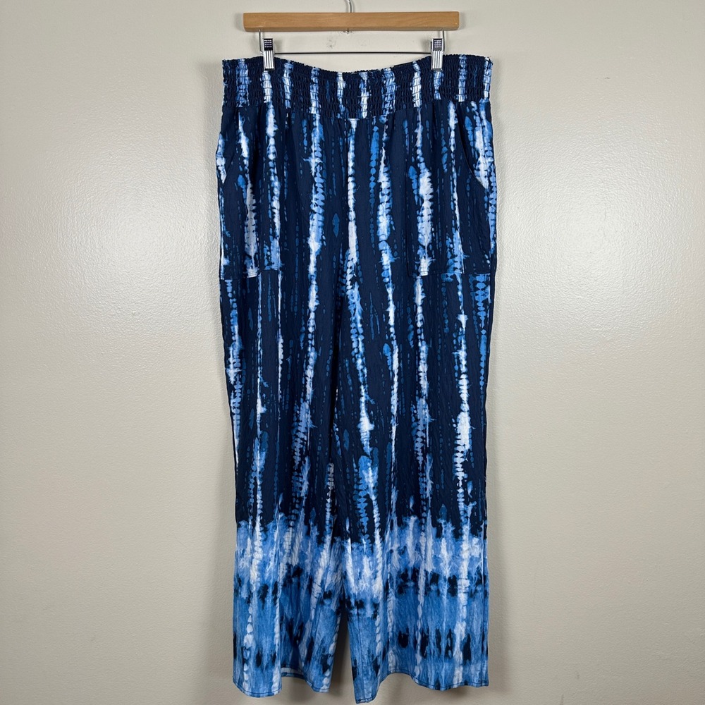 Simply Vera Vera Wang Women's XXL Pants Blue Tie Dye‎ High Rise Wide Leg Smocked